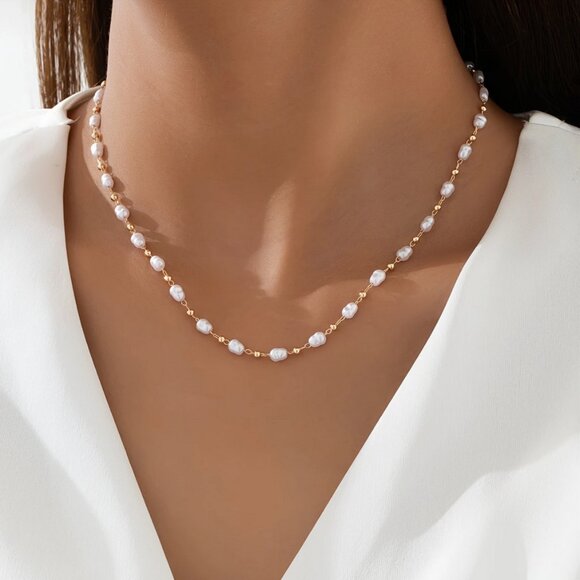 14K Gold Womens White Natural Pearl Necklace 16